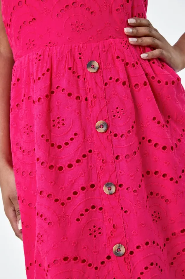 Fuchsia Petite Cotton Broderie Button Dress Women Roman Dresses