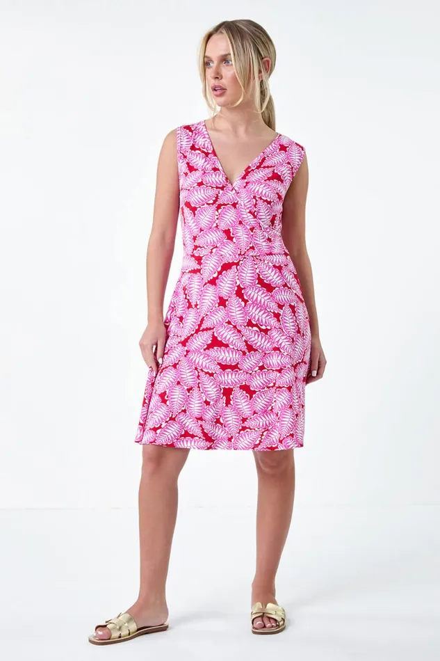 Fuchsia Petite Leaf Print Stretch Wrap Dress Women Roman Dresses