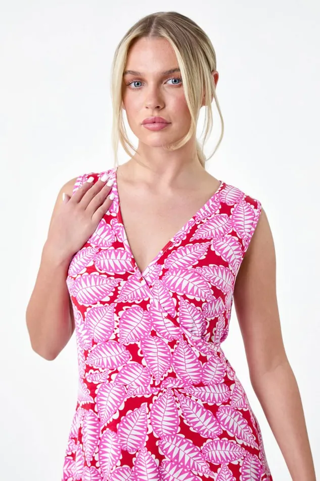 Fuchsia Petite Leaf Print Stretch Wrap Dress Women Roman Dresses
