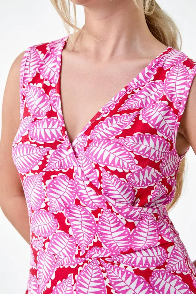 Fuchsia Petite Leaf Print Stretch Wrap Dress Women Roman Dresses