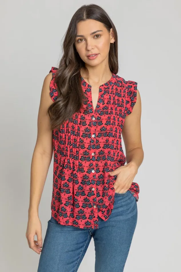 Fuchsia Sleeveless Frill Detail Floral Blouse Women Roman Tops