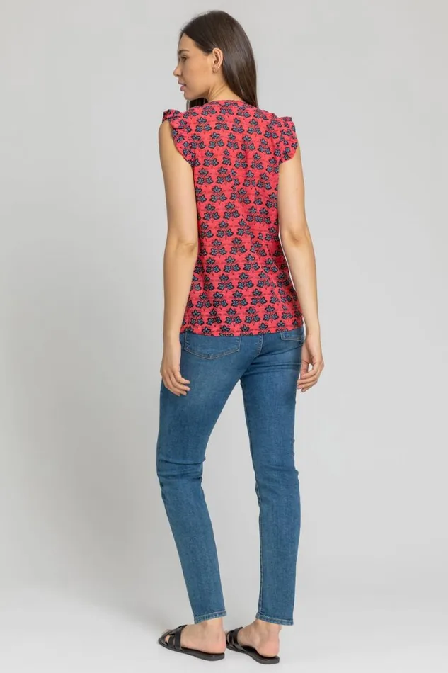Fuchsia Sleeveless Frill Detail Floral Blouse Women Roman Tops