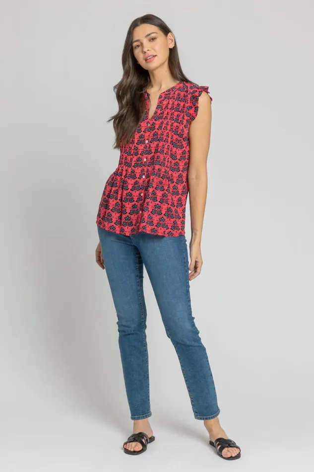 Fuchsia Sleeveless Frill Detail Floral Blouse Women Roman Tops