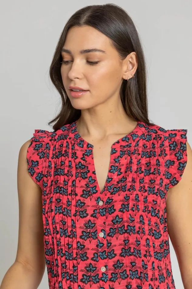 Fuchsia Sleeveless Frill Detail Floral Blouse Women Roman Tops