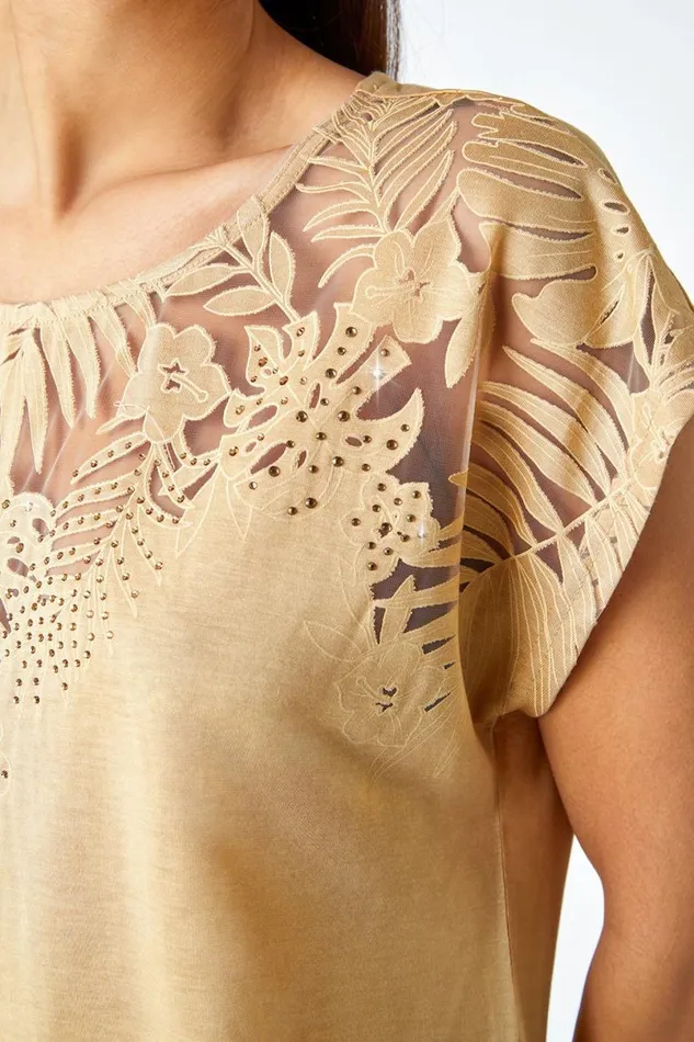 Gold Embellished Palm Print Cut Out TShirt Women Roman Tops