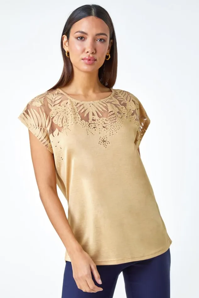 Gold Embellished Palm Print Cut Out TShirt Women Roman Tops