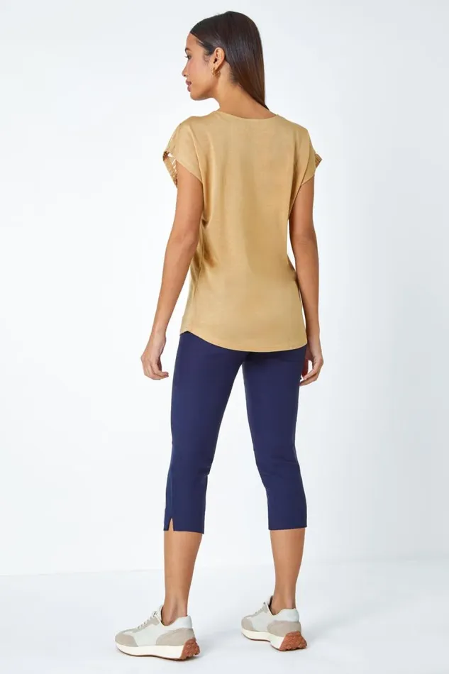 Gold Embellished Palm Print Cut Out TShirt Women Roman Tops
