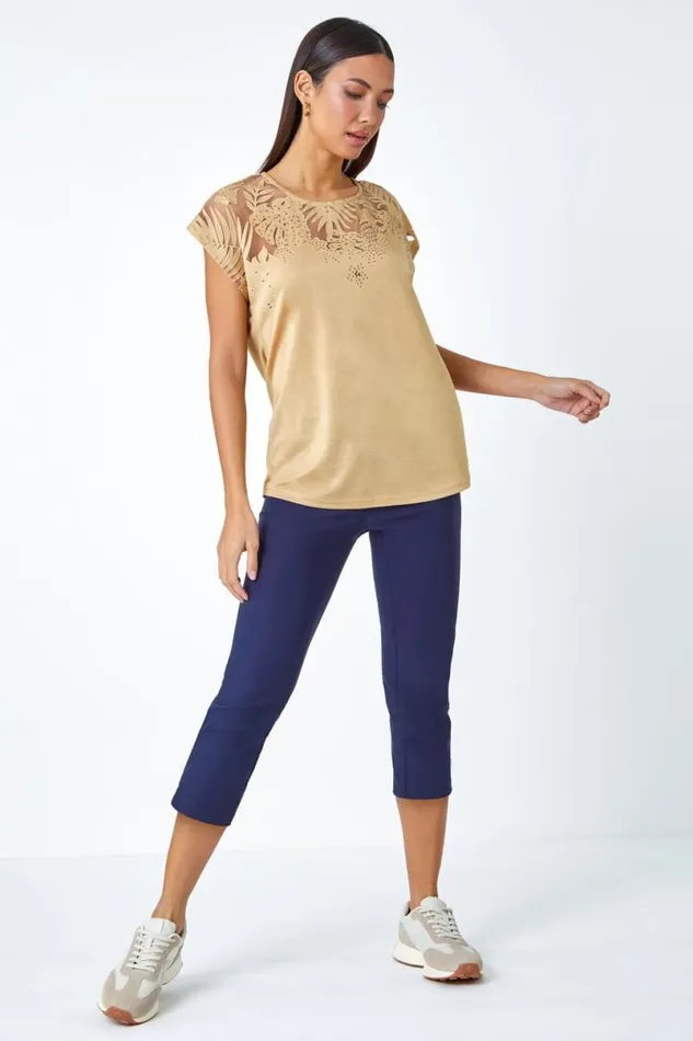 Gold Embellished Palm Print Cut Out TShirt Women Roman Tops