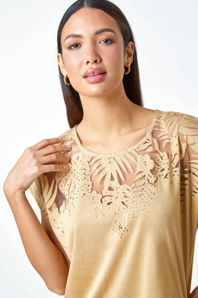 Gold Embellished Palm Print Cut Out TShirt Women Roman Tops