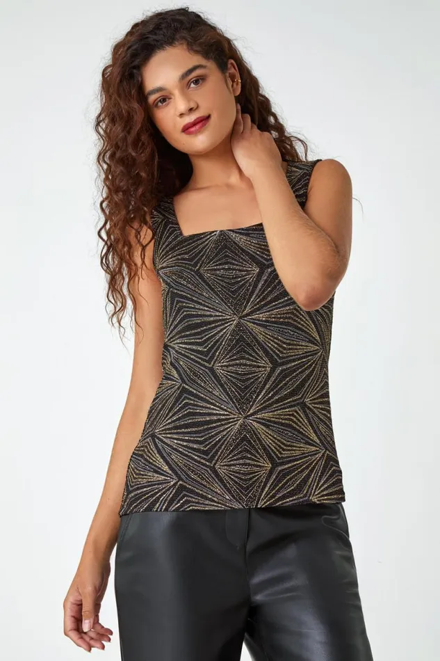 Gold Geometric Sparkle Embellished Vest Top Women Roman Tops