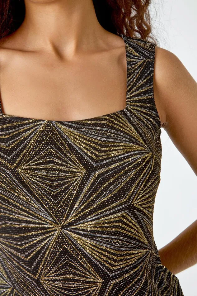Gold Geometric Sparkle Embellished Vest Top Women Roman Tops