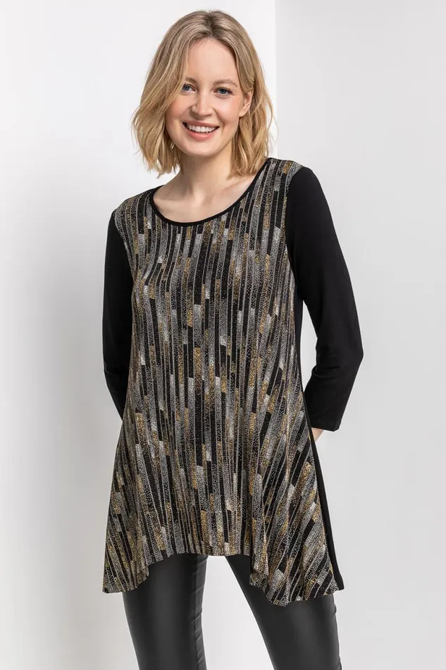 Gold Glitter Stripe Print Hanky Hem Tunic Top Women Roman Tops