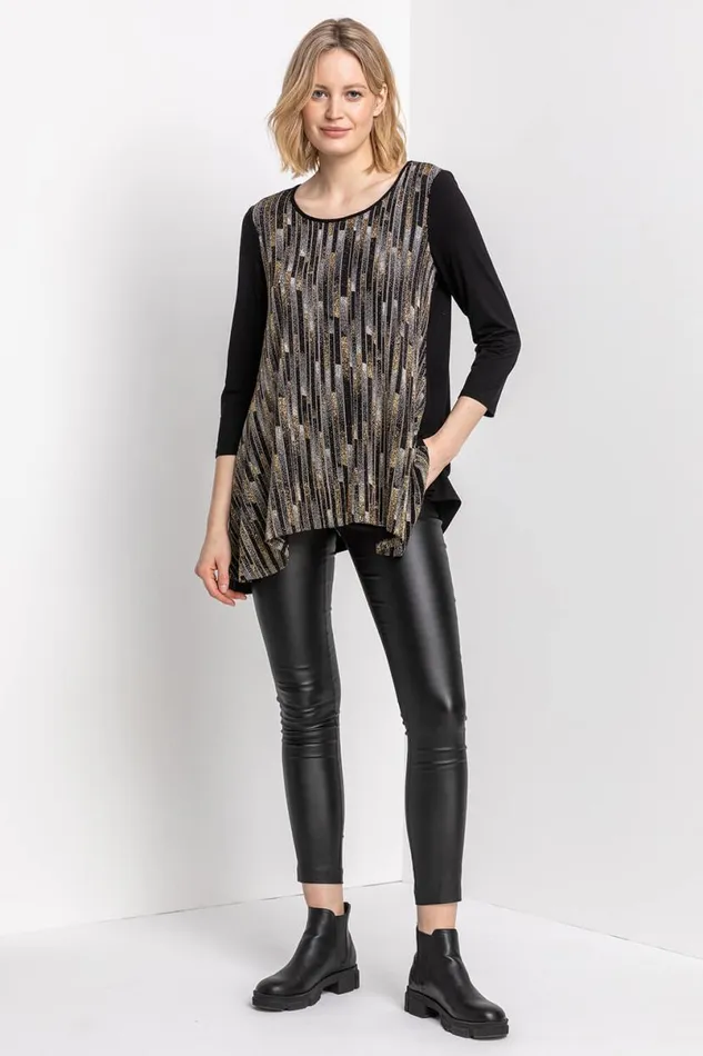 Gold Glitter Stripe Print Hanky Hem Tunic Top Women Roman Tops