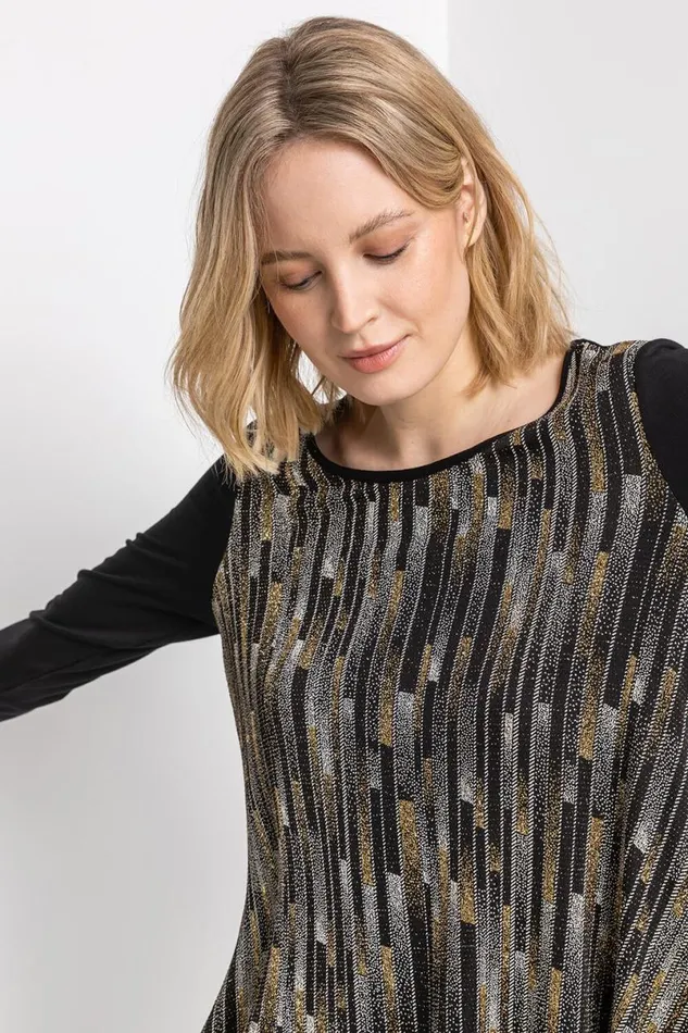 Gold Glitter Stripe Print Hanky Hem Tunic Top Women Roman Tops