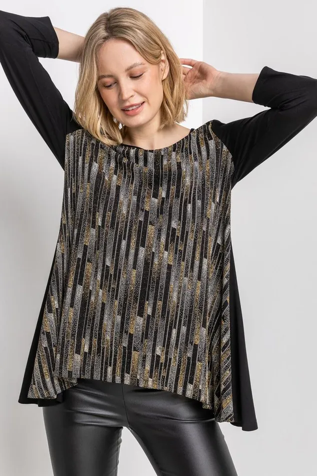 Gold Glitter Stripe Print Hanky Hem Tunic Top Women Roman Tops