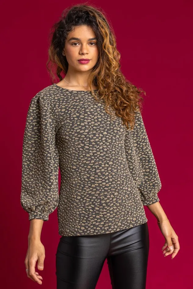 Gold Shimmer Animal Jacquard Print Top Women Roman Tops