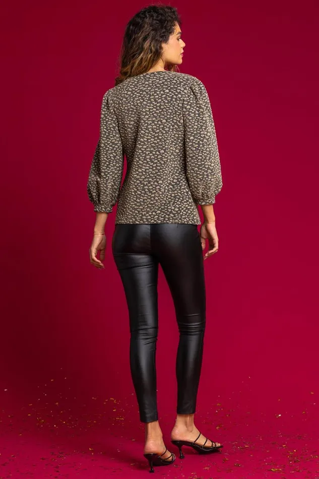 Gold Shimmer Animal Jacquard Print Top Women Roman Tops