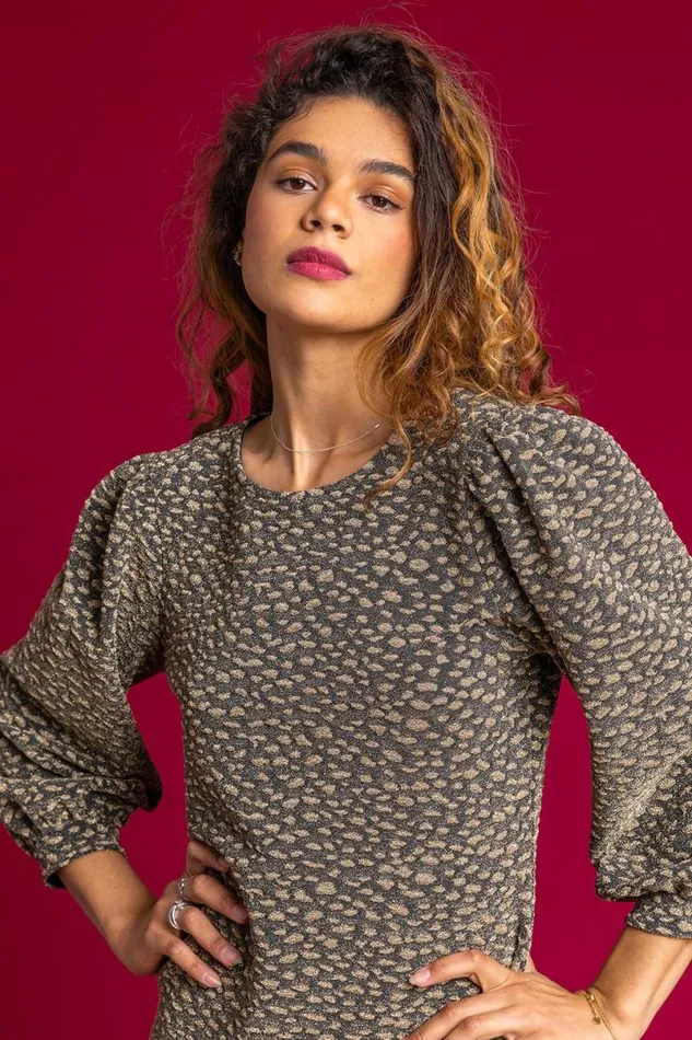 Gold Shimmer Animal Jacquard Print Top Women Roman Tops