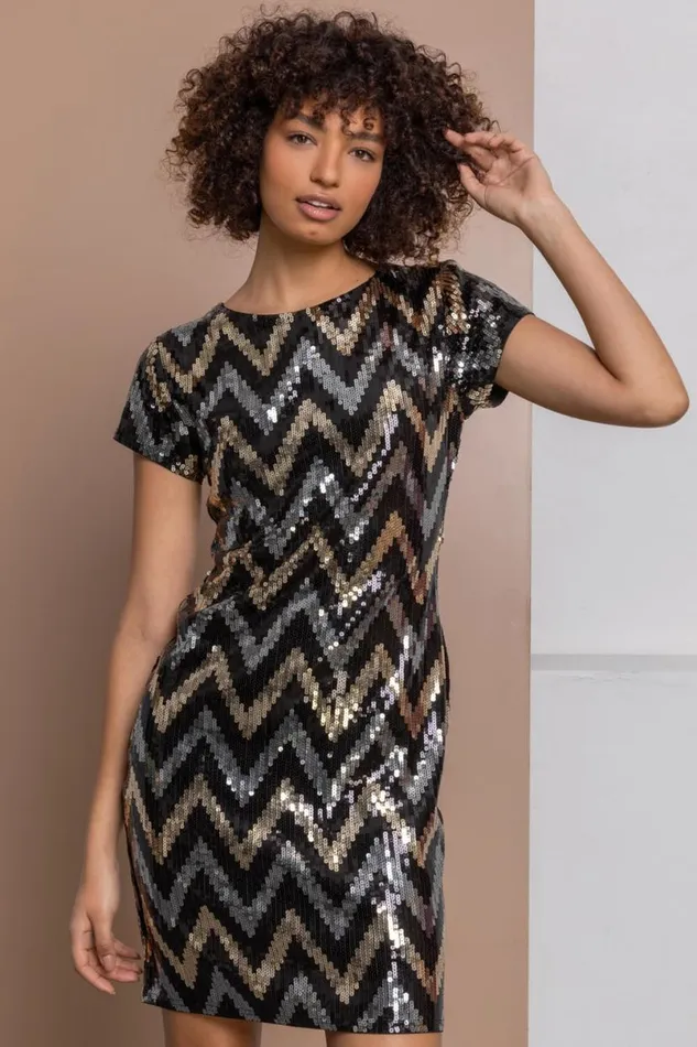 Gold Zig Zag Sequin Dress Women Roman Dresses