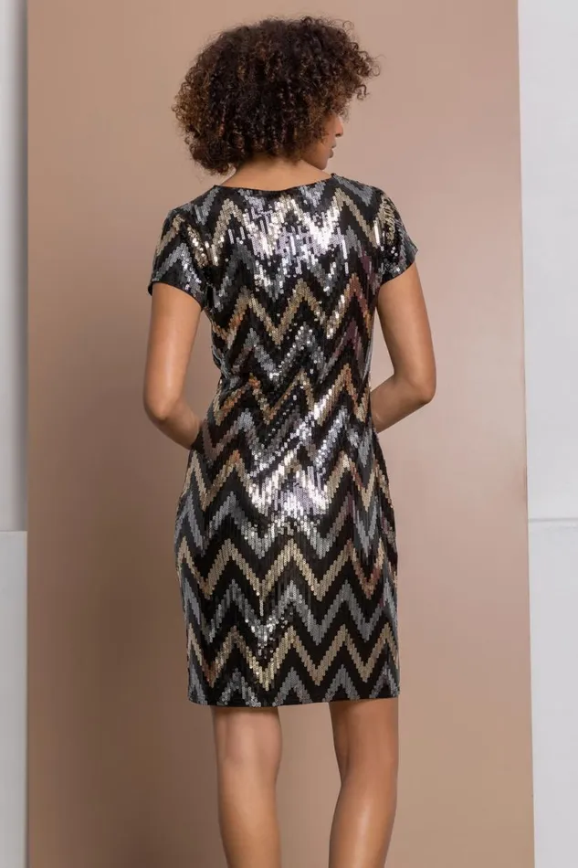 Gold Zig Zag Sequin Dress Women Roman Dresses