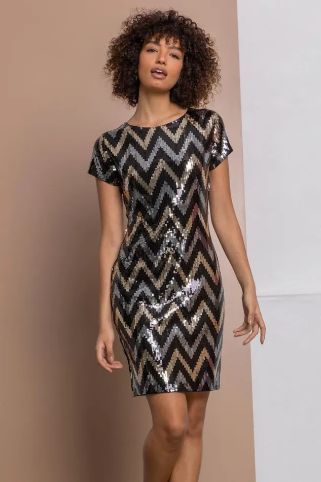 Gold Zig Zag Sequin Dress Women Roman Dresses
