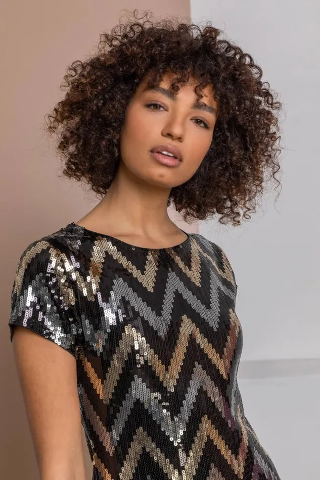 Gold Zig Zag Sequin Dress Women Roman Dresses