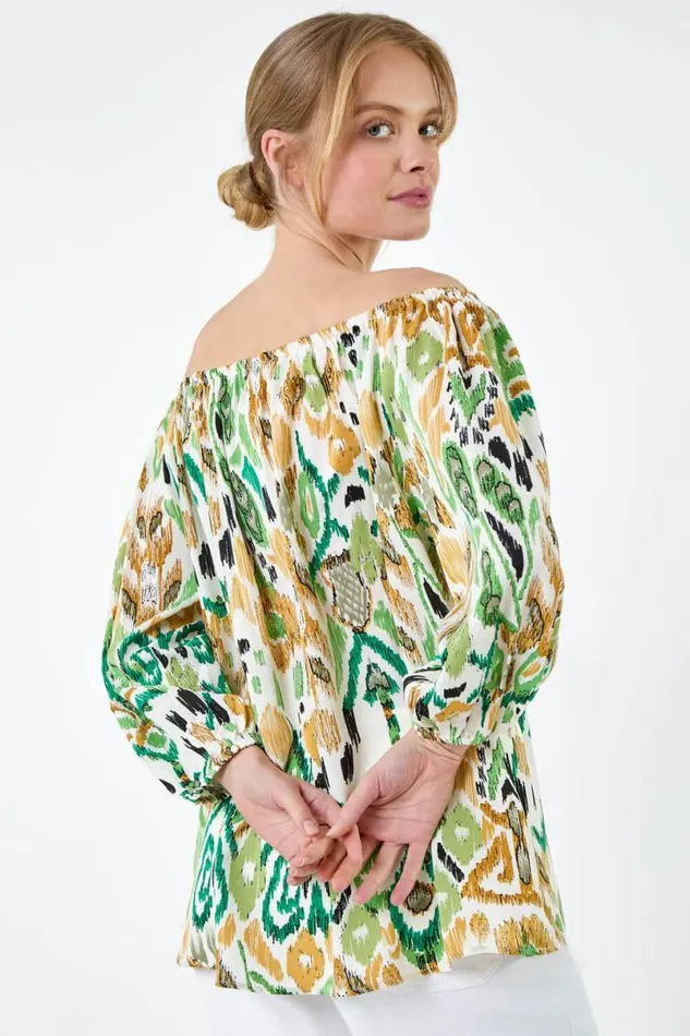 Green Aztec Print Stretch Bardot Top Women Roman Tops