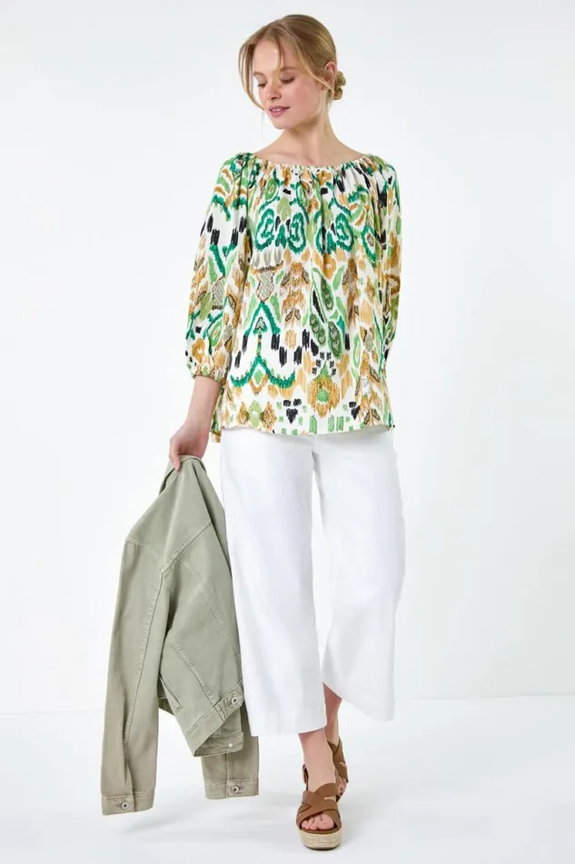 Green Aztec Print Stretch Bardot Top Women Roman Tops