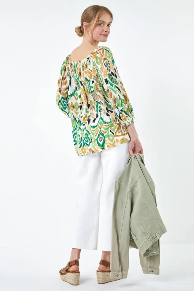 Green Aztec Print Stretch Bardot Top Women Roman Tops