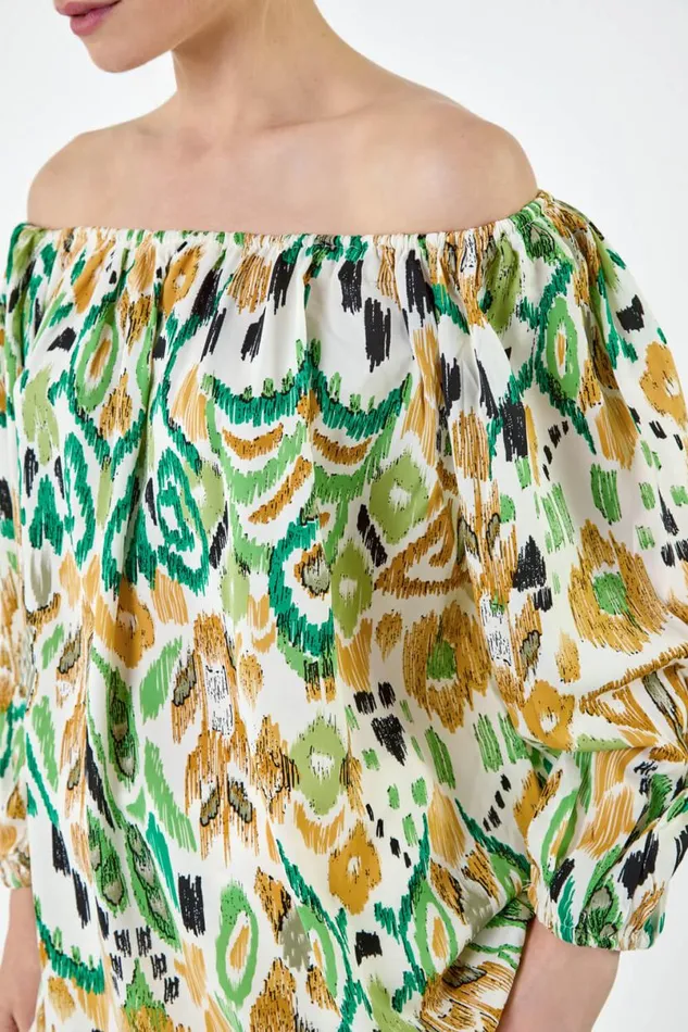 Green Aztec Print Stretch Bardot Top Women Roman Tops