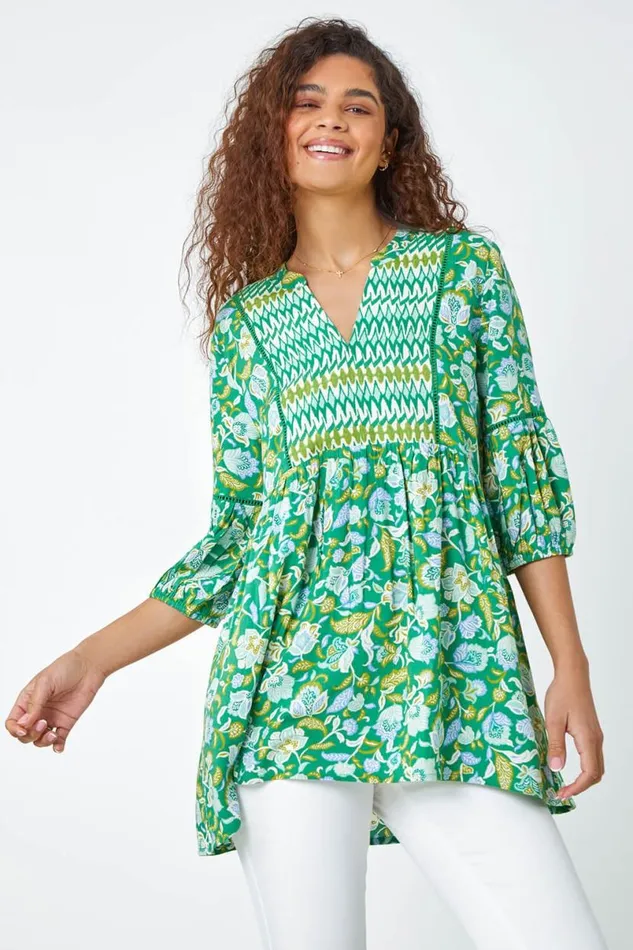 Green Cotton Abstract Floral Ladder Trim Top Women Roman Tops