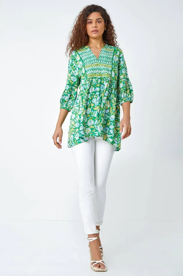 Green Cotton Abstract Floral Ladder Trim Top Women Roman Tops