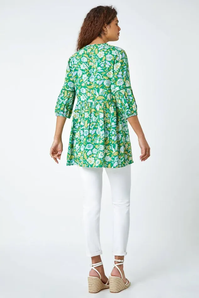 Green Cotton Abstract Floral Ladder Trim Top Women Roman Tops