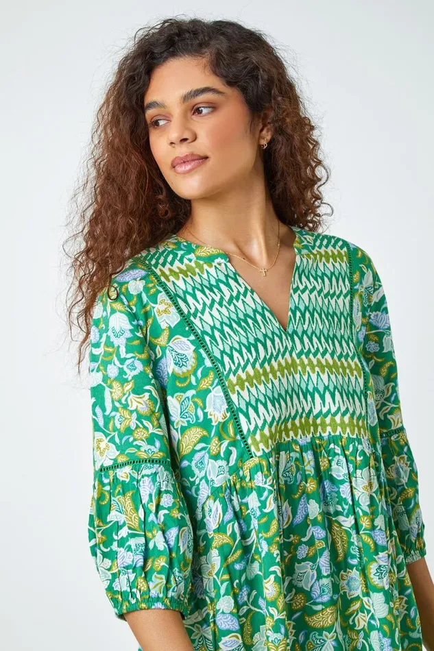 Green Cotton Abstract Floral Ladder Trim Top Women Roman Tops