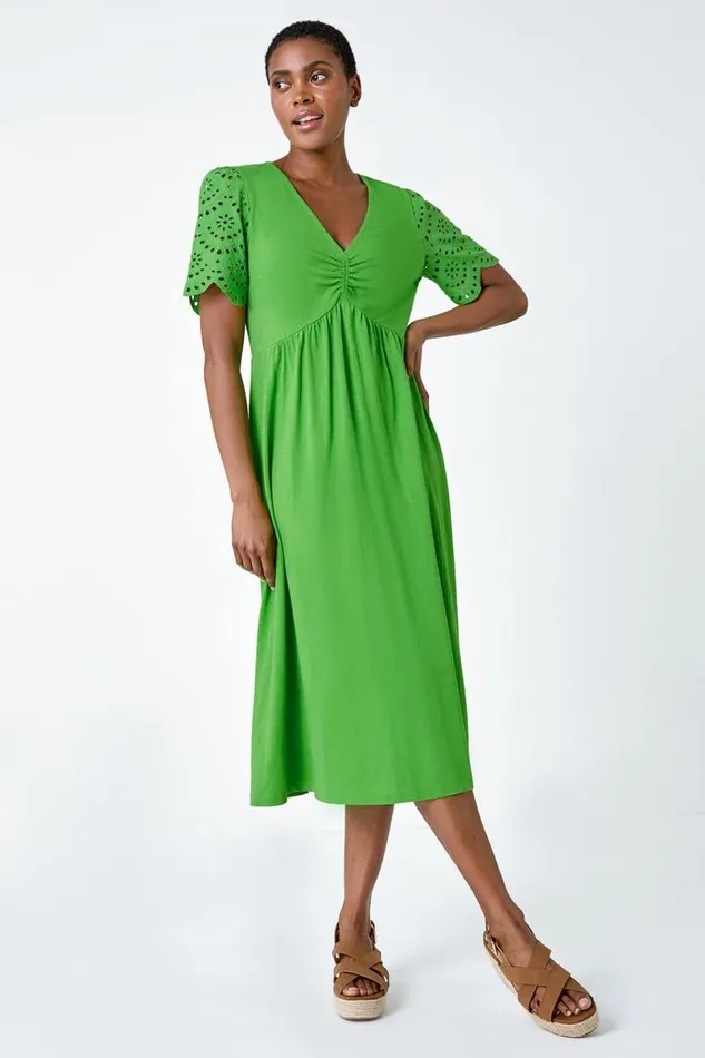 Green Cotton Broderie Sleeve Midi Dress Women Roman Dresses