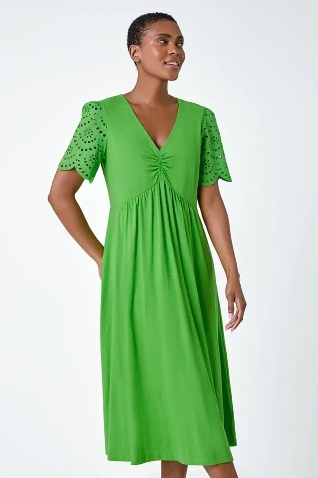 Green Cotton Broderie Sleeve Midi Dress Women Roman Dresses