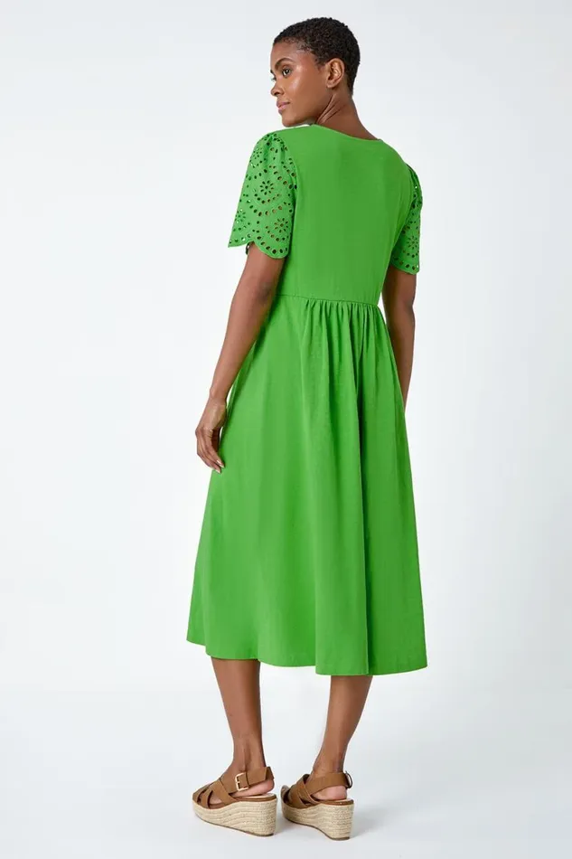Green Cotton Broderie Sleeve Midi Dress Women Roman Dresses