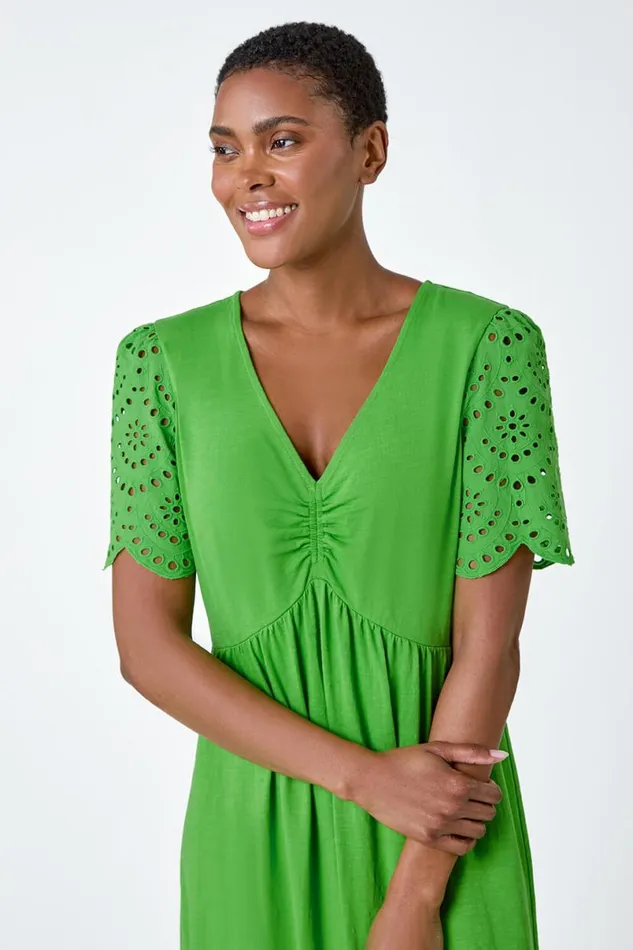 Green Cotton Broderie Sleeve Midi Dress Women Roman Dresses
