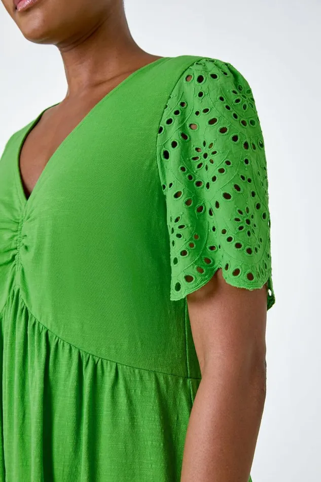 Green Cotton Broderie Sleeve Midi Dress Women Roman Dresses