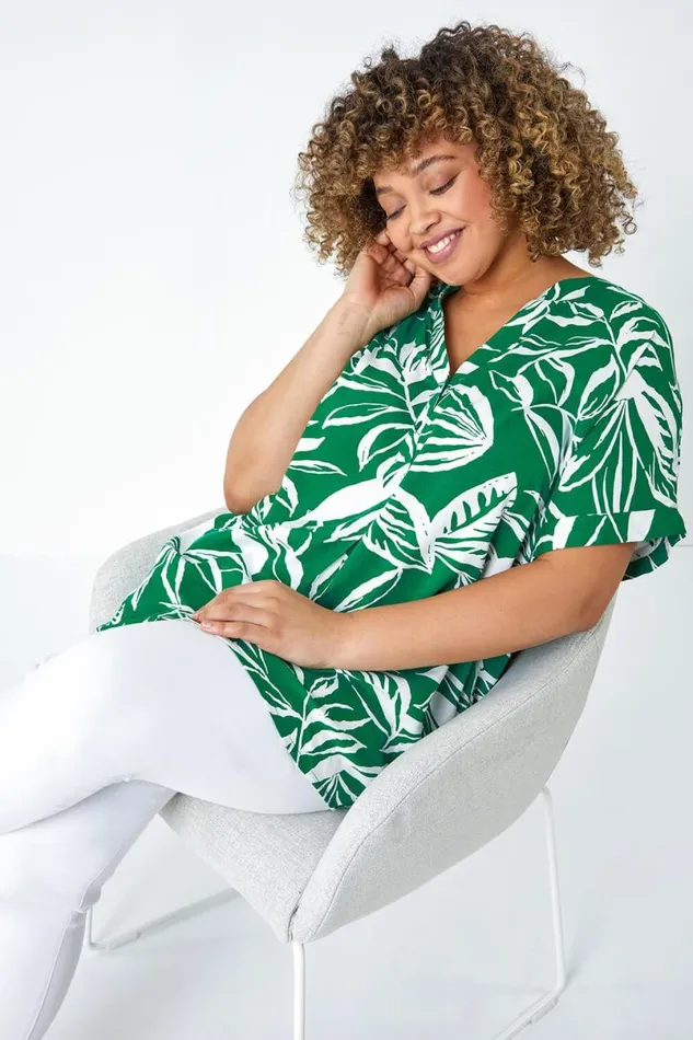 Green Curve Leaf Print Notch Neck Top Women Roman Tops