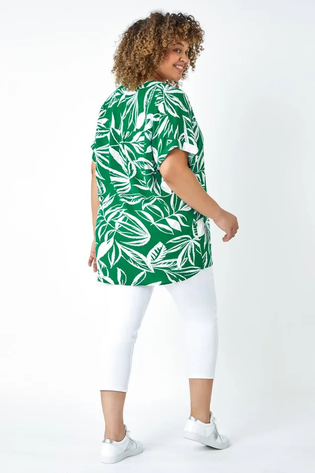Green Curve Leaf Print Notch Neck Top Women Roman Tops