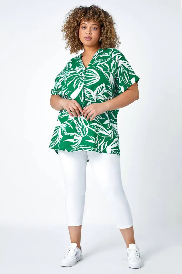 Green Curve Leaf Print Notch Neck Top Women Roman Tops