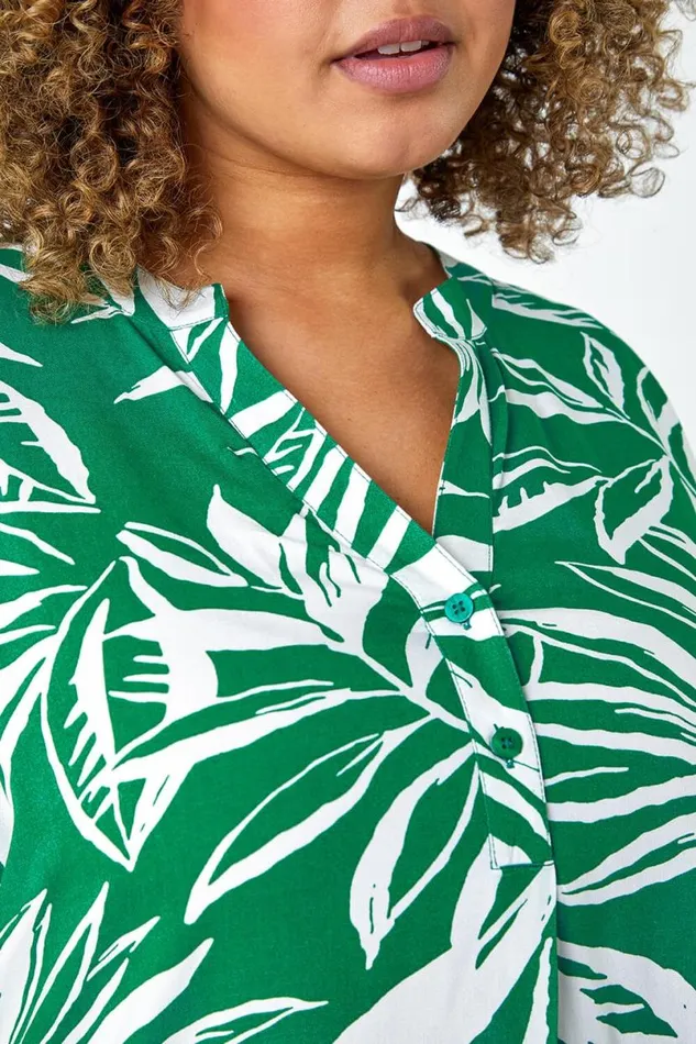 Green Curve Leaf Print Notch Neck Top Women Roman Tops