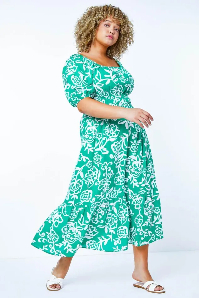 Green Curve Stretch Waist Midi Dress Women Roman Dresses