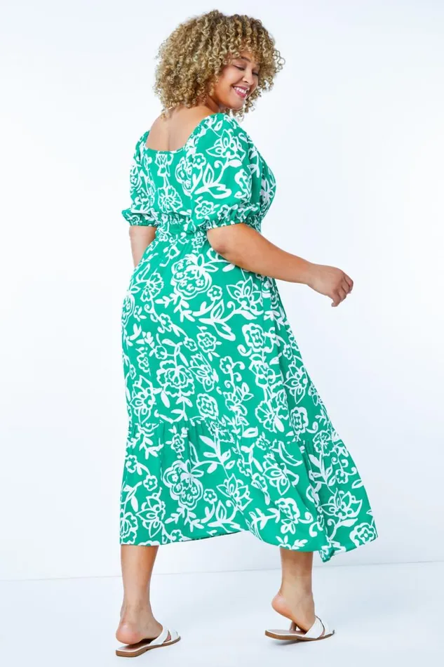 Green Curve Stretch Waist Midi Dress Women Roman Dresses