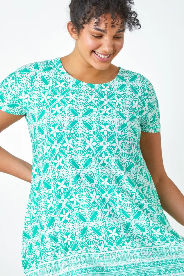 Green Curve Tile Print Stretch Tunic Top Women Roman Tops
