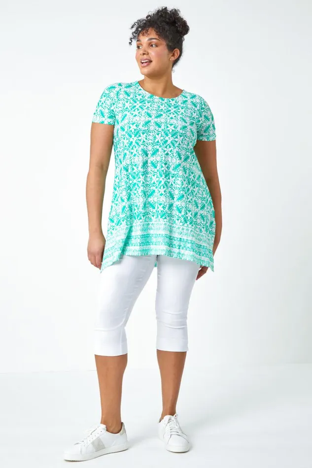 Green Curve Tile Print Stretch Tunic Top Women Roman Tops