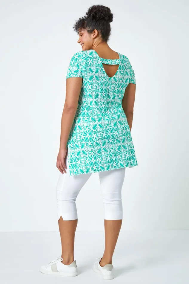 Green Curve Tile Print Stretch Tunic Top Women Roman Tops