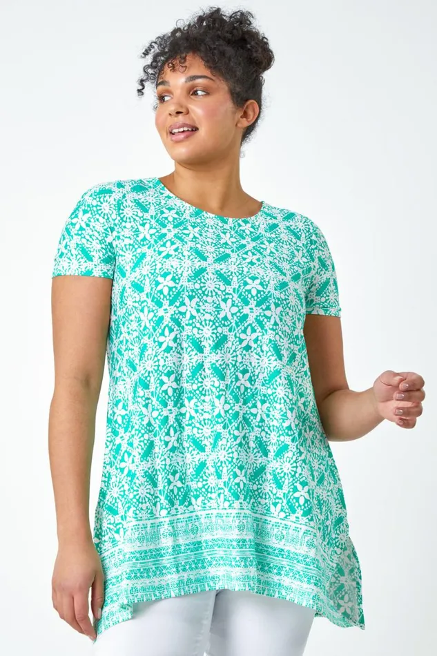 Green Curve Tile Print Stretch Tunic Top Women Roman Tops