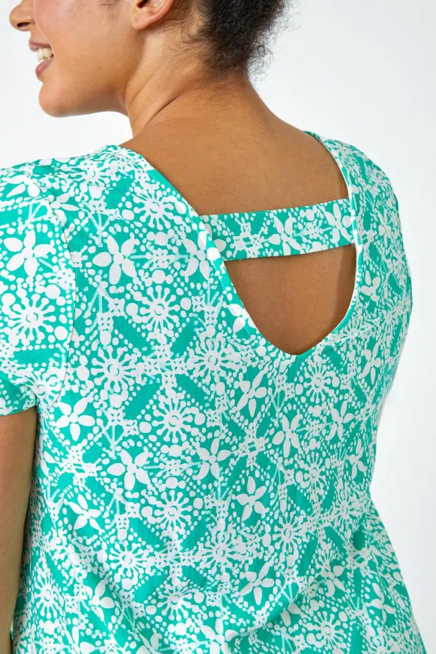 Green Curve Tile Print Stretch Tunic Top Women Roman Tops